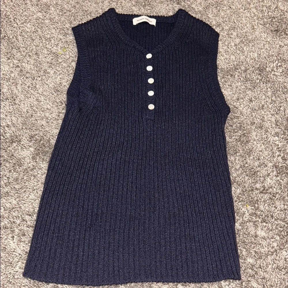 Nothing Written Ribbed Knit Henley Tank Navy Blue Sleeveless Stretch Cotton XS/S - Picture 2 of 5